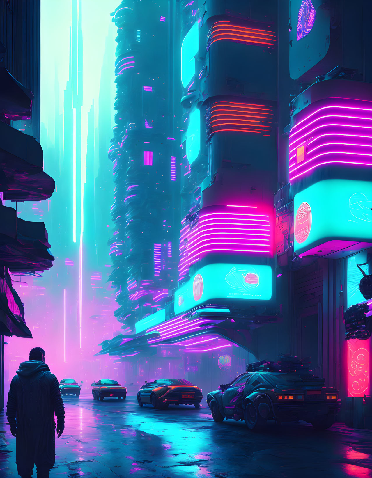 Futuristic cityscape with towering buildings and flying cars