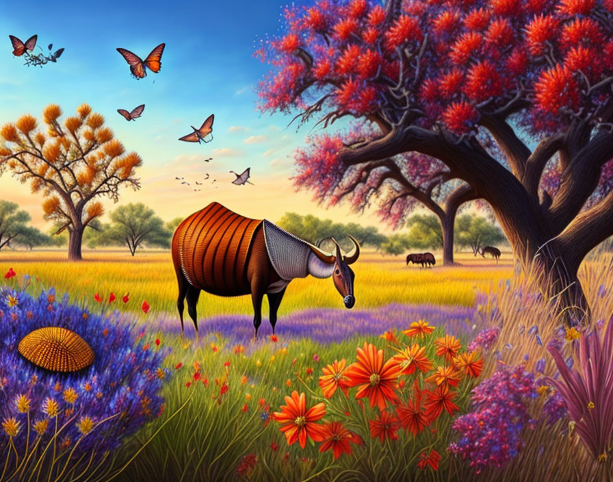 Colorful Striped Bull in Surreal Landscape with Vibrant Flora