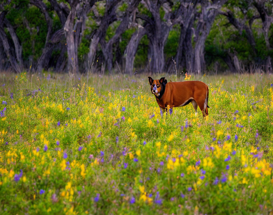 Brown Dog in Colorful Meadow with Wildflowers and Trees