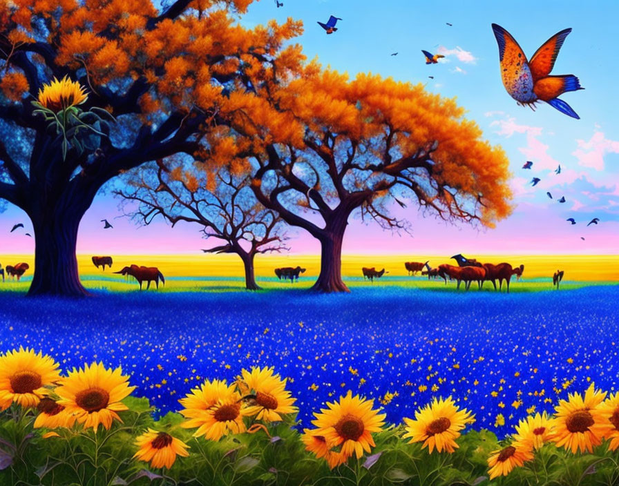 Colorful surreal landscape with orange trees, grazing animals, sunflowers, blue field, and butterfly