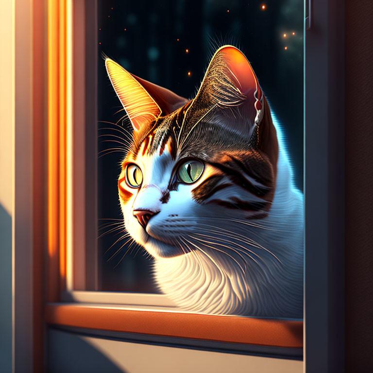 Domestic Cat Looking Out Window at Twilight