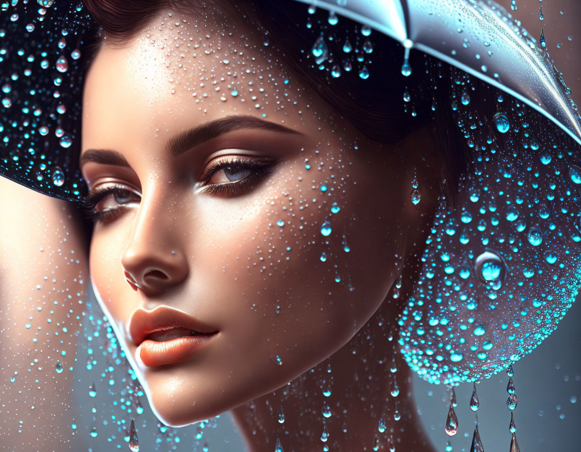 Woman's face close-up with water droplets and blue umbrella.