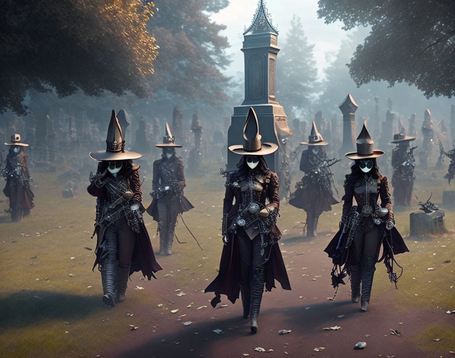 Group of characters in witch costumes walking in misty forest