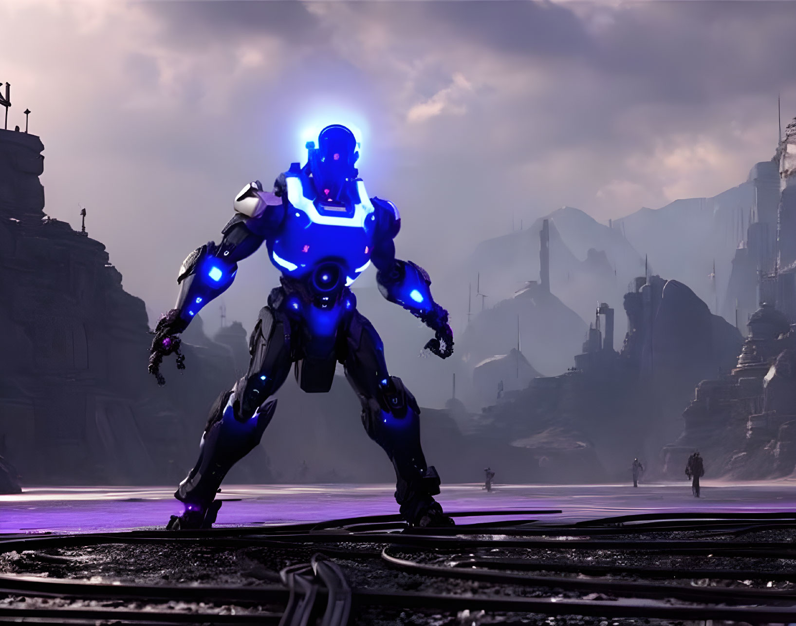 Blue-Glowing Futuristic Robot on Purple Alien Landscape