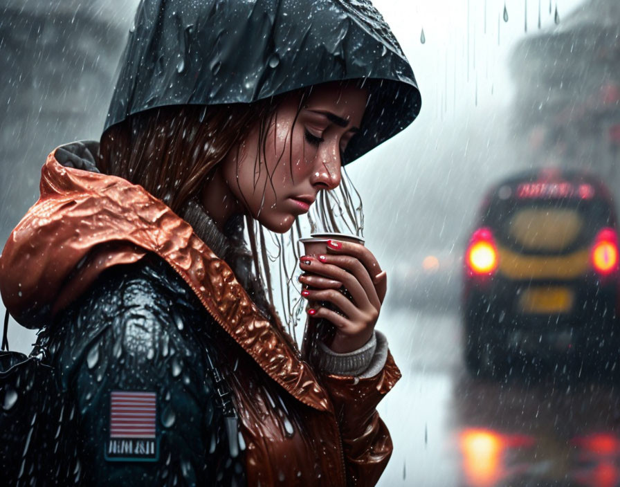 Woman in raincoat holding coffee cup in rainy urban setting.