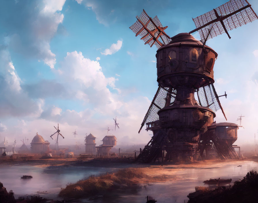 Fantastical steampunk windmills in a surreal landscape