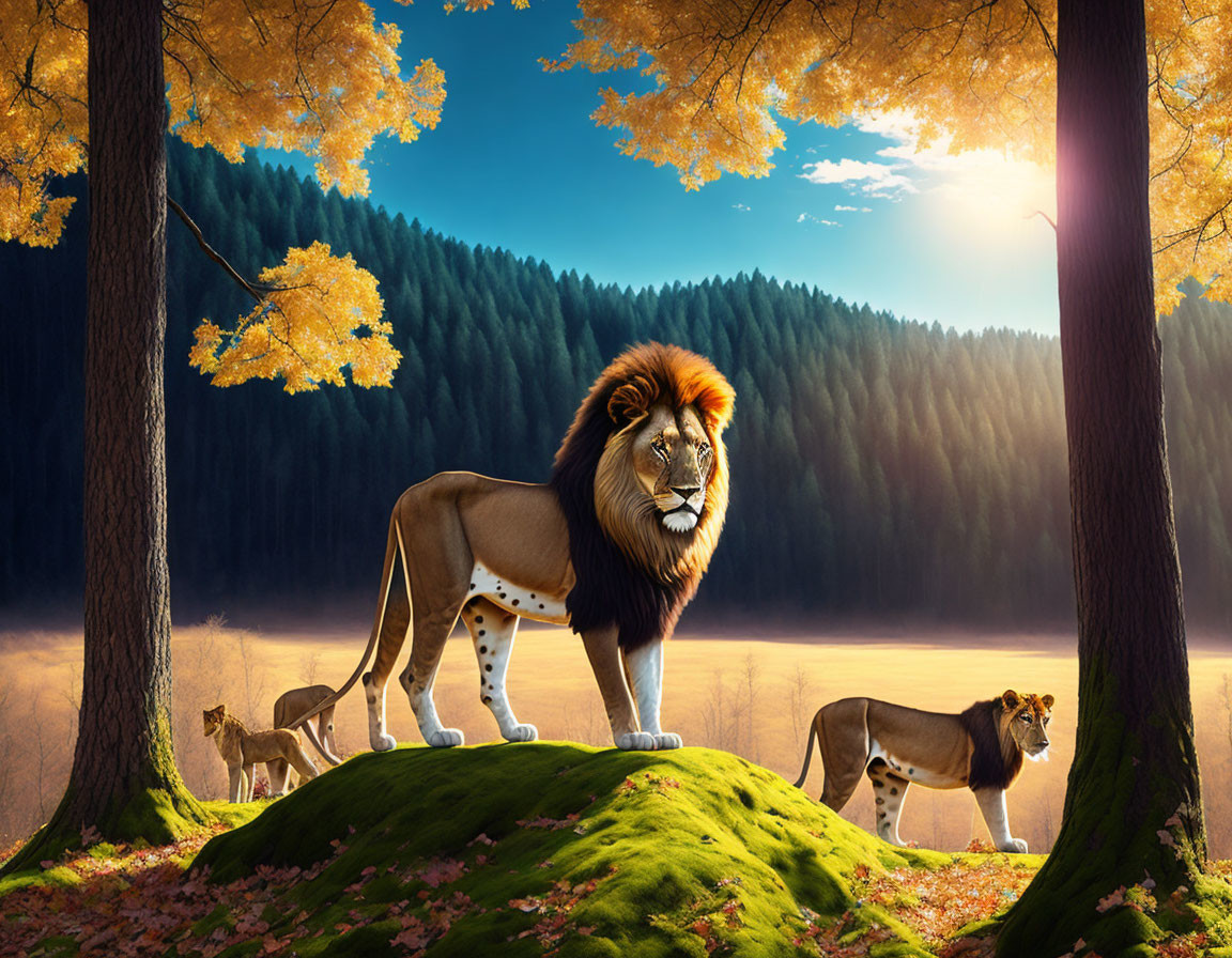 Majestic lion with lioness and cubs in vibrant forest scene