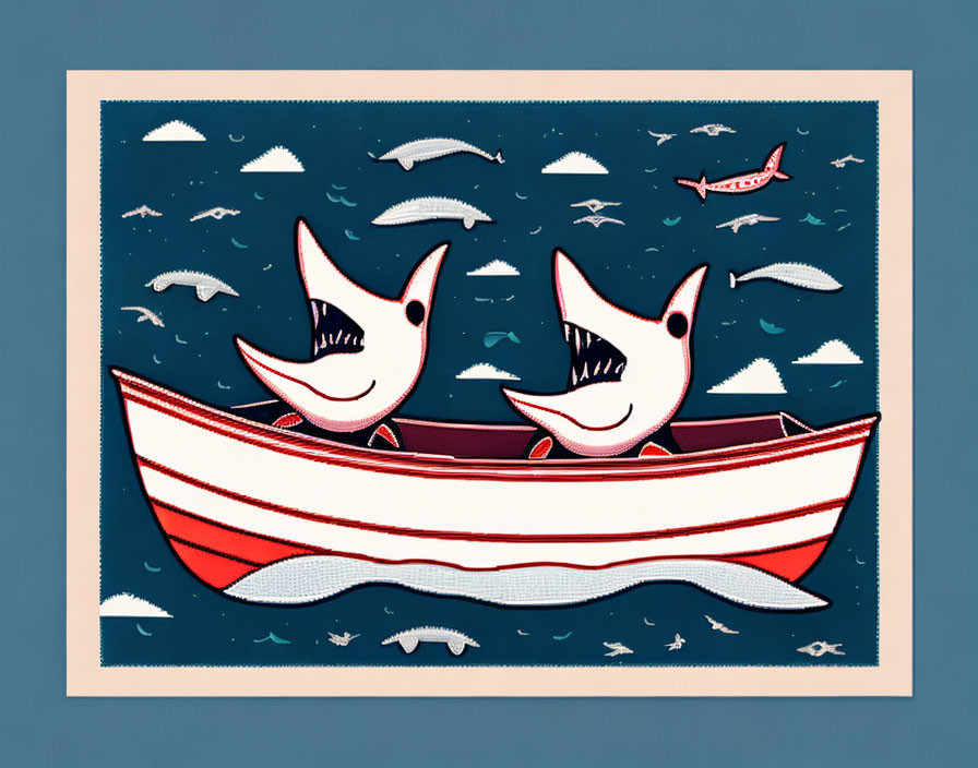 Illustrated Smiling Sharks in Red and White Boat on Blue Sea