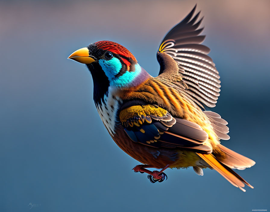 Colorful bird digital art: Exotic feather mix, mid-flight, extended wing