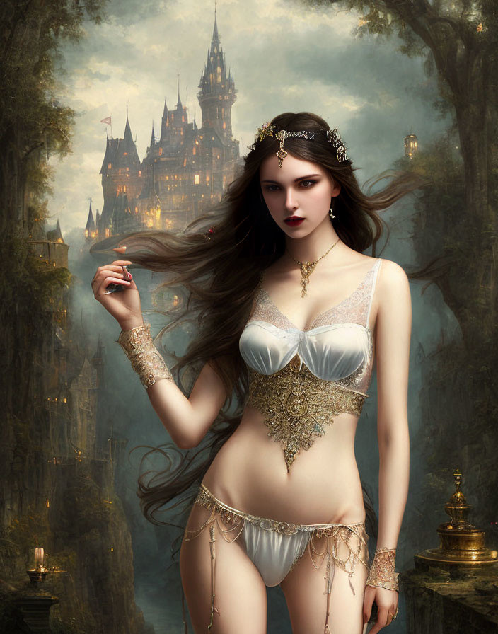 Dark-haired woman in white and gold fantasy outfit by ethereal forest castle.