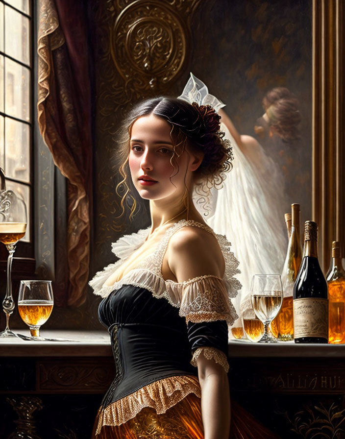 Pensive woman in black corset near wine bottles and mirror