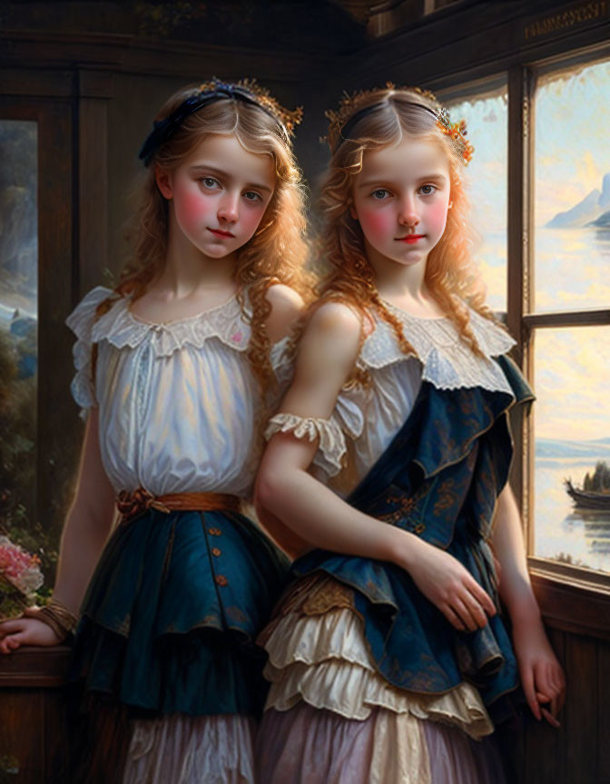 Two girls in vintage dresses with crowns by a window and seascape painting