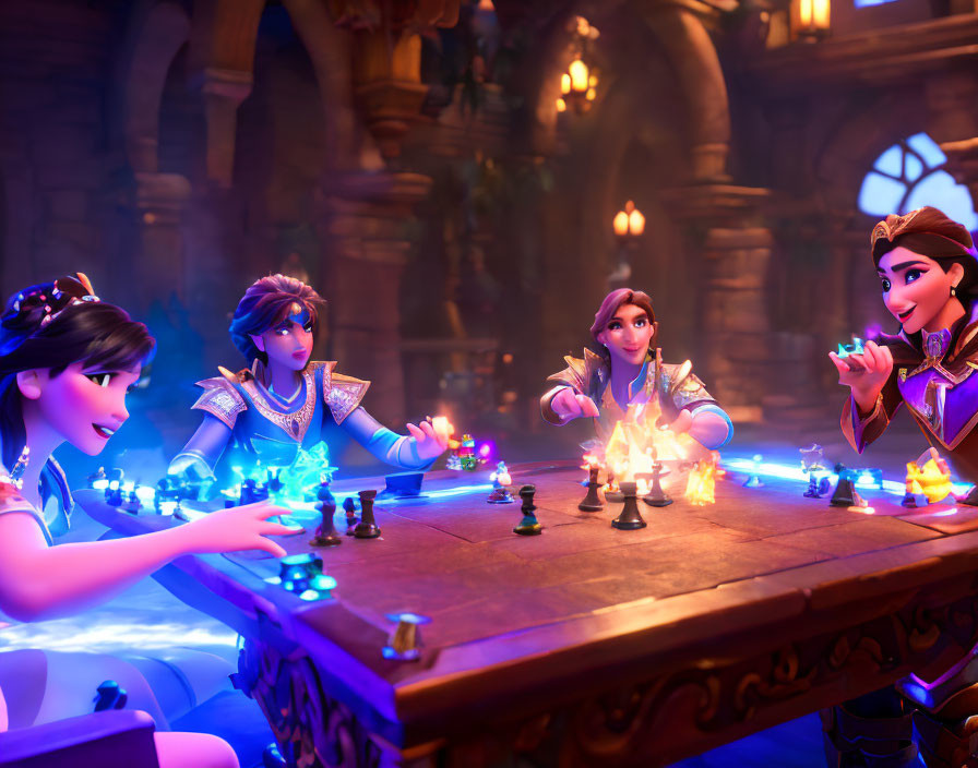 Magical board game with animated characters in enchanted room