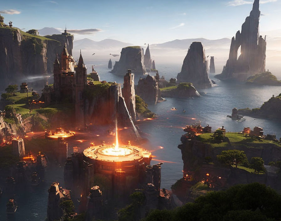 Fantasy landscape with rock pillars, lava castle, and misty skies