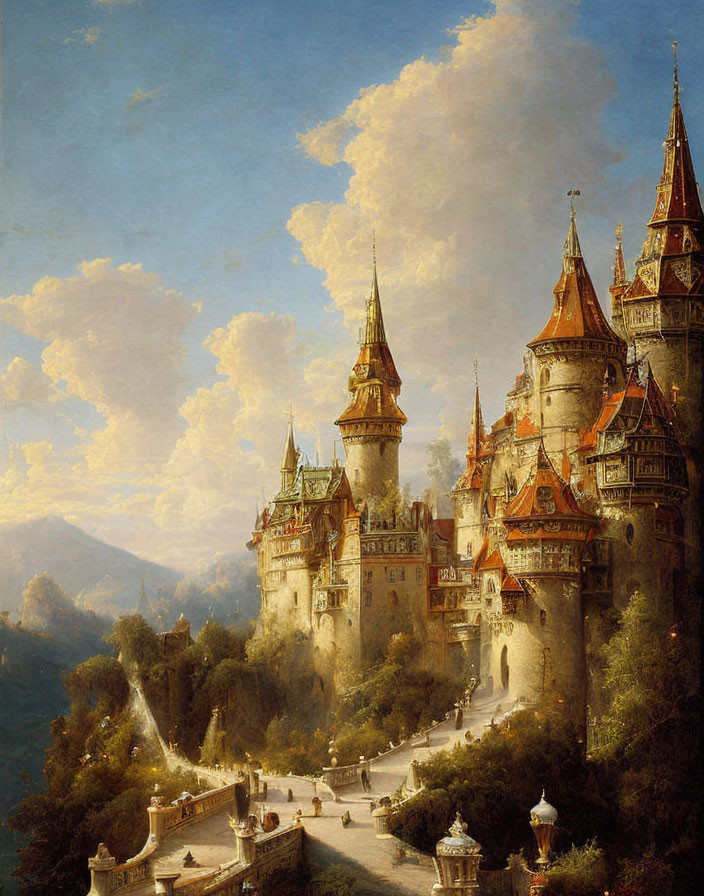 Majestic castle on lush hillside with spires and winding path