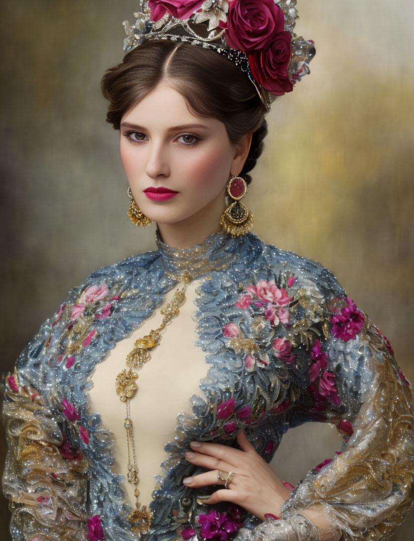 Vintage-inspired gown with floral details and tiara on woman in dignified pose