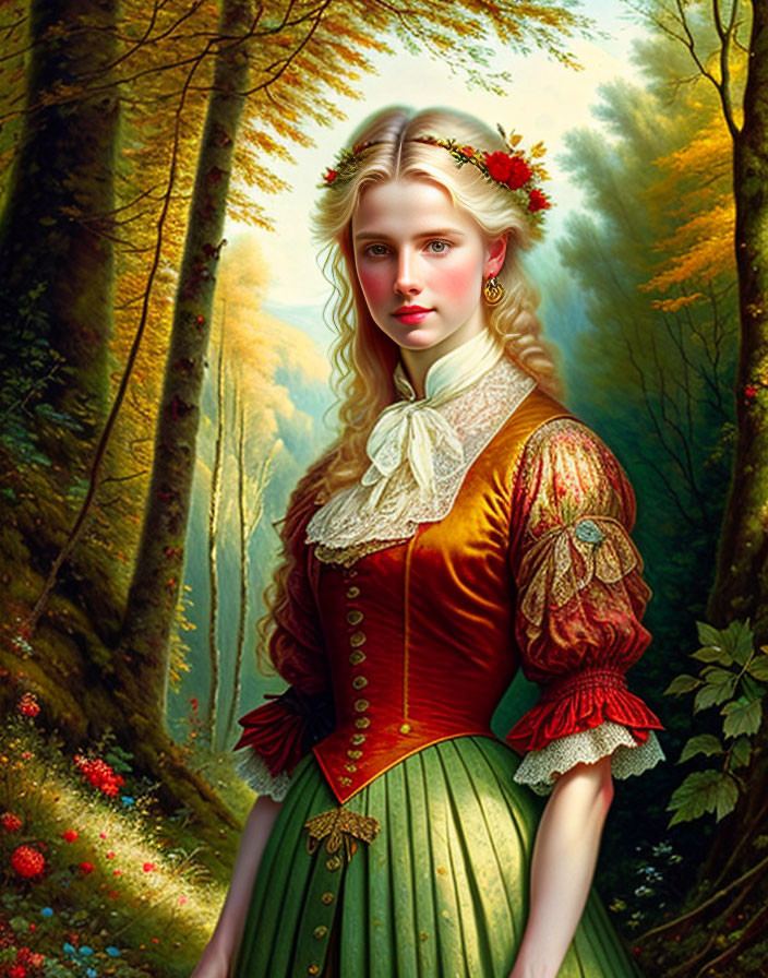 Blonde Woman in Traditional Dress with Forest Background