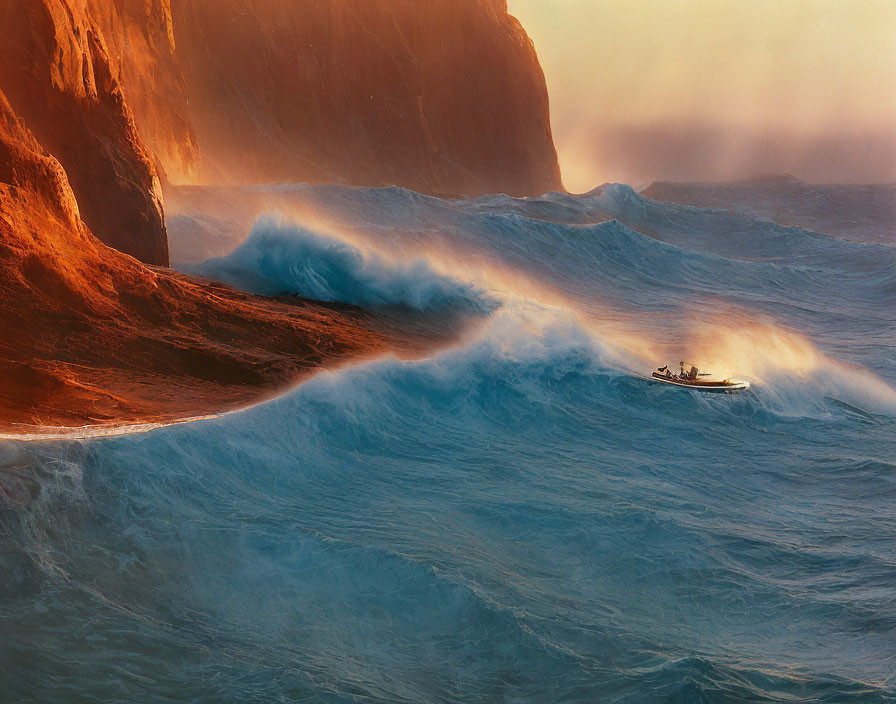 Small boat navigating rough ocean waves near rocky cliff at sunset