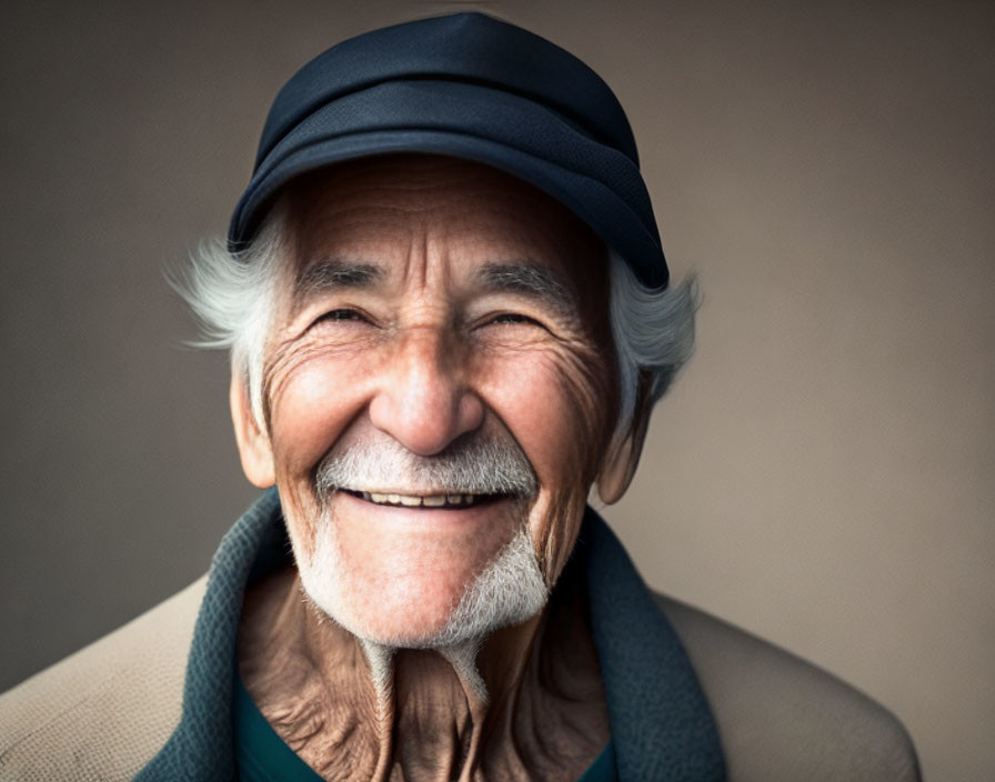 Elderly man in cap and coat with warm smile and twinkle