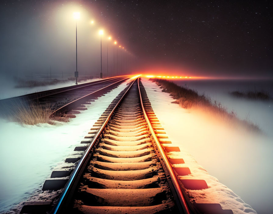 Starry sky over misty railroad tracks in snow