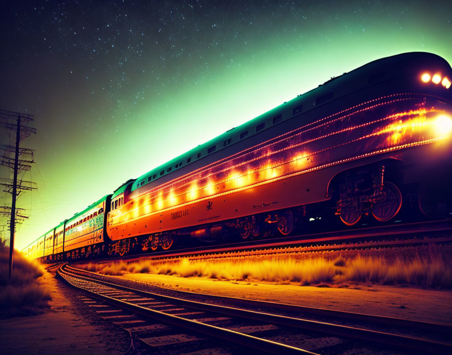 Vintage Train Traveling at Dusk Under Starlit Sky