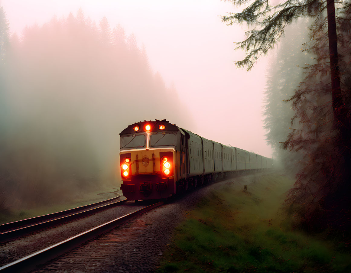 Illuminated train in misty forest with fading trees