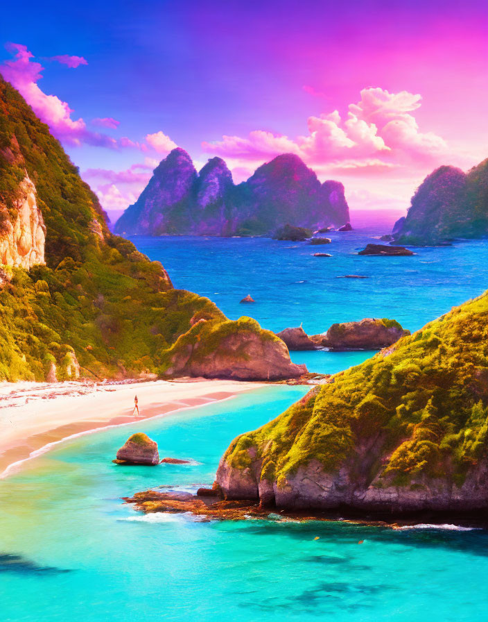 Scenic beach with turquoise waters, green cliffs, pink and purple sky, lone figure walking