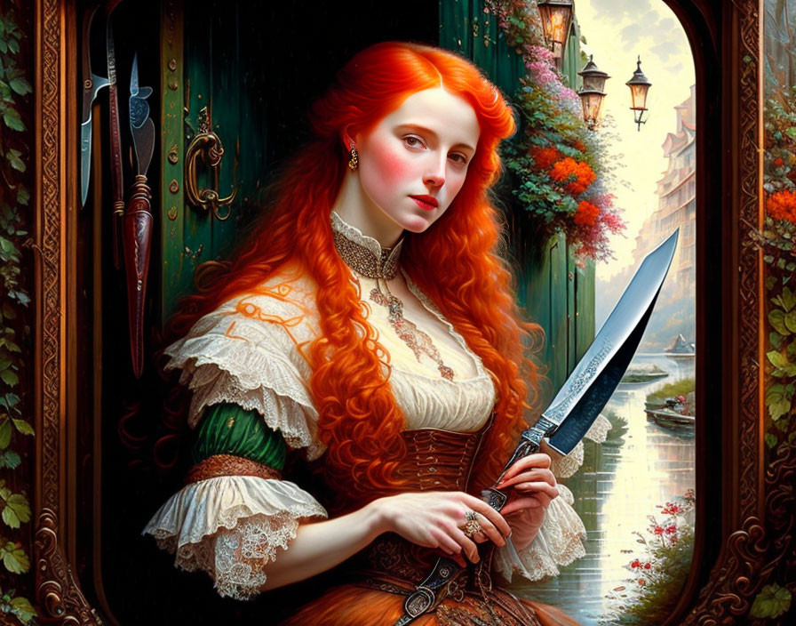 Red-haired woman in period attire with knife by ornate door overlooking canal and buildings.