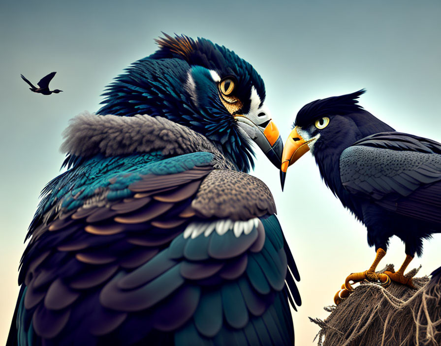 Stylized anthropomorphic birds with intricate feather details and human-like eyes facing each other.