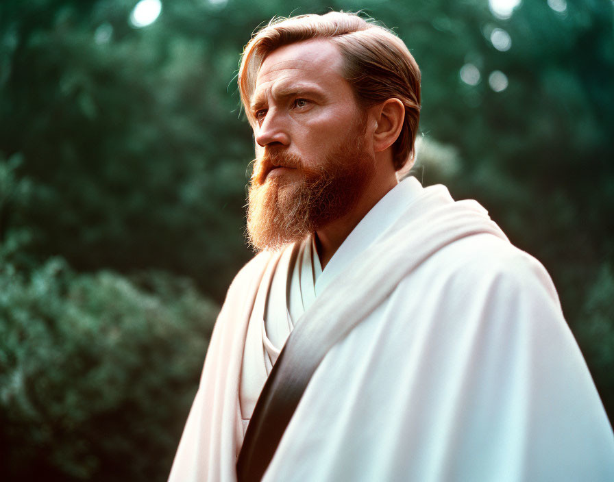 Serious Bearded Man in White Robe in Dusk Forest