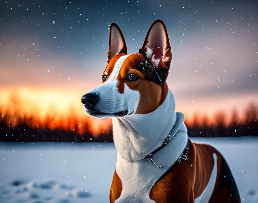 Attentive Basenji Dog in Snowy Sunset Portrait