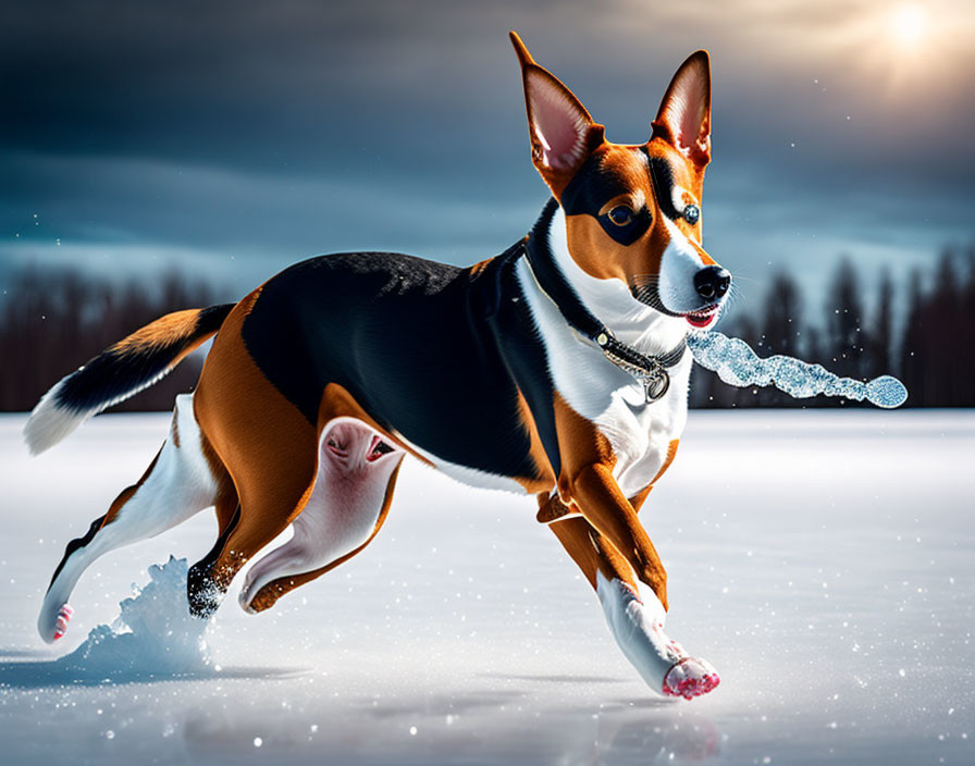 Tricolor dog running in snowy landscape at dusk