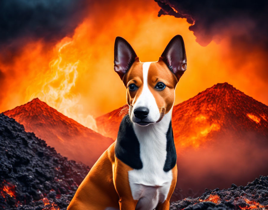 Basenji Dog with Volcanic Eruption and Lava Flows