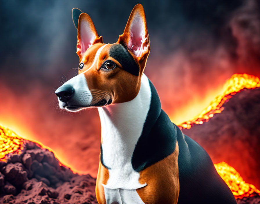 Basenji Dog in Dramatic Volcanic Landscape