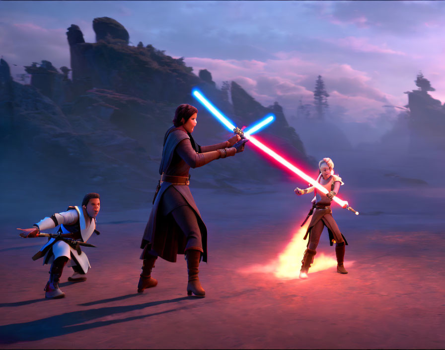 Animated characters with lightsabers in dramatic misty setting