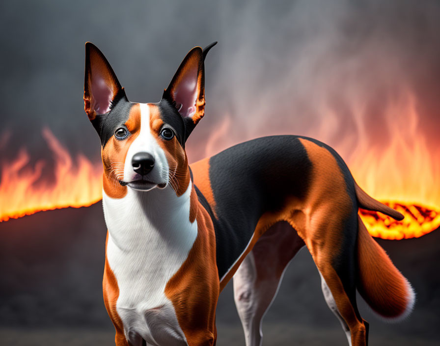 Tricolor Basenji Dog with Perky Ears and Intense Gaze