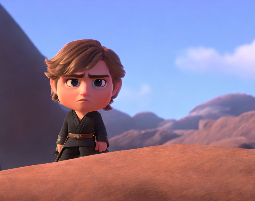 Animated character with stern expression on rocky terrain under soft-lit sky