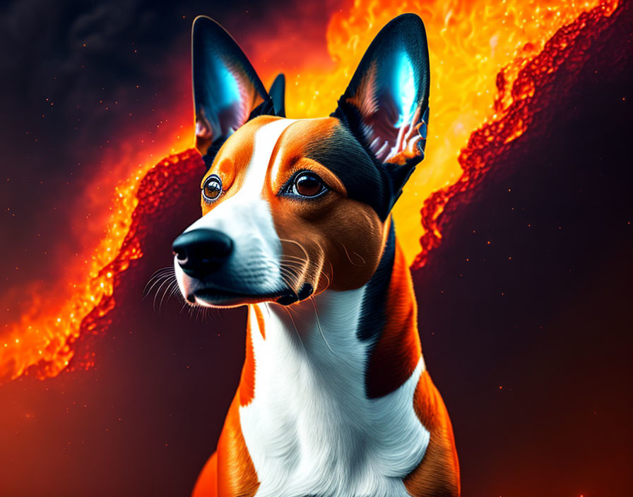 Tricolor dog portrait against lava backdrop