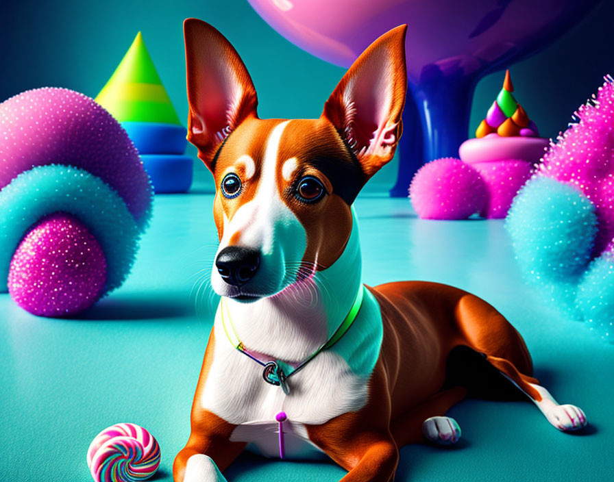 Vibrant dog illustration with party decorations