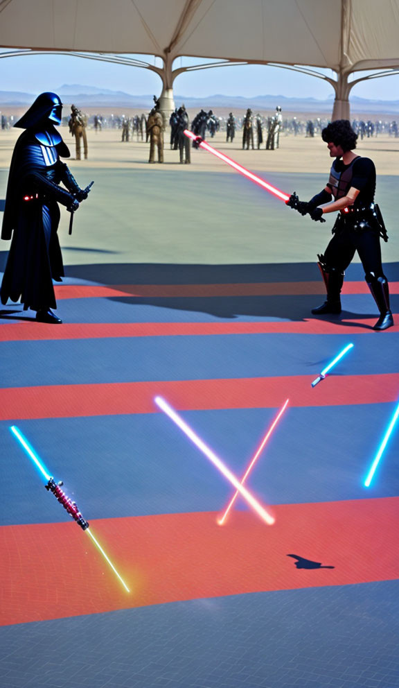 Cosplayers in Darth Vader and Kylo Ren costumes with lightsabers at Star Wars event