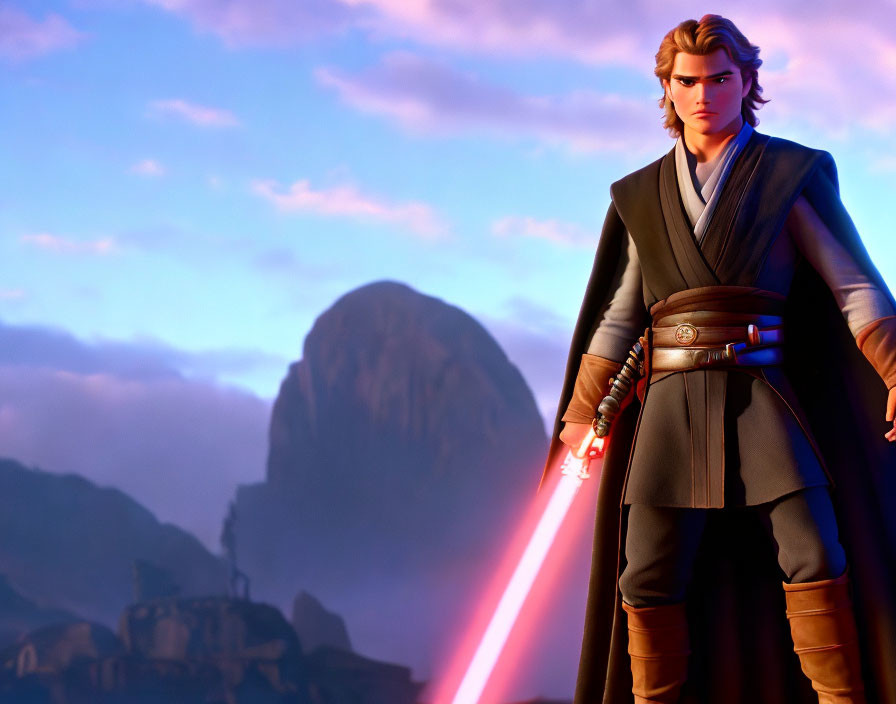 Stylized animated character with red lightsaber on rocky terrain