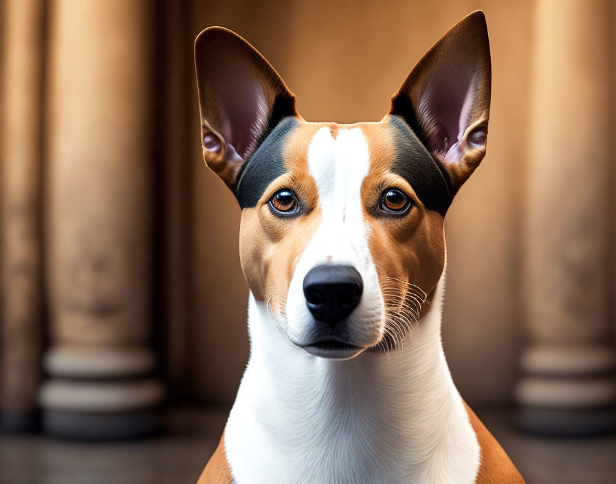 Brown and White Dog with Large Ears and Alert Eyes in Front of Pillars