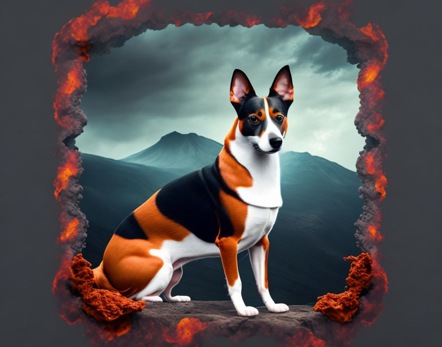 Tricolor dog in fiery rock frame with dark mountain background