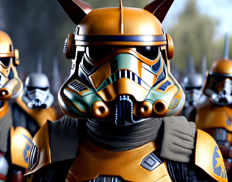 Star Wars clone troopers with one in orange and green armor