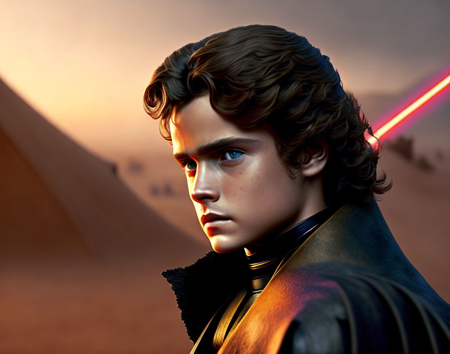 Young male digital artwork: curly hair, blue eyes, black outfit in desert with red beam.