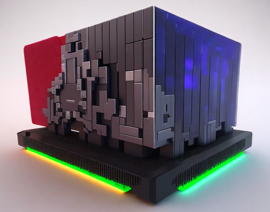 Futuristic 3D-Rendered Computer Casing with Red to Blue Gradient and Green Under