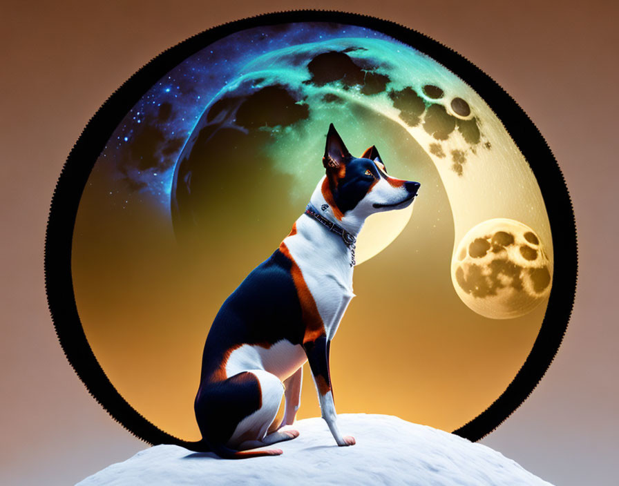 Dog sitting on rock with space backdrop featuring Earth and moons