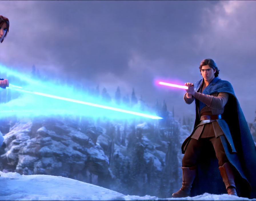 Animated characters with blue and red lightsabers in snowy landscape