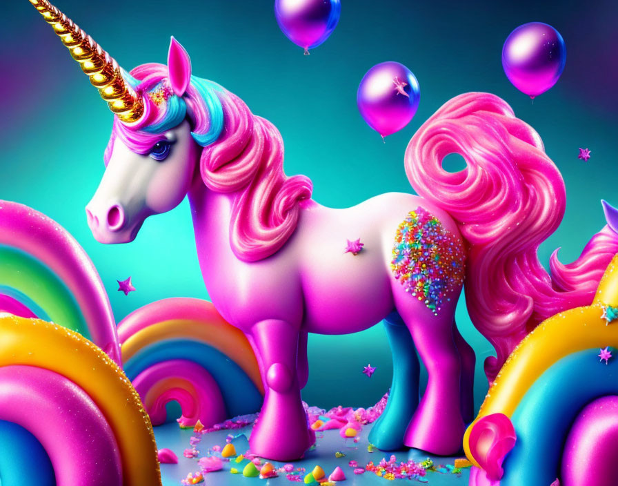 Colorful Pink Unicorn with Golden Horn and Rainbows