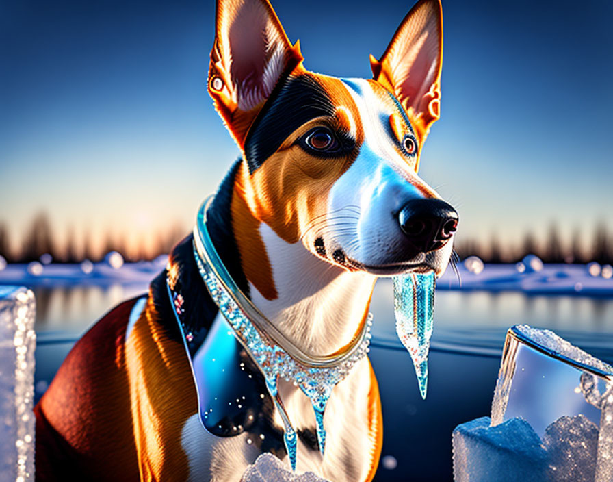 Digital artwork: Glossy-coated dog with blue necklace in icy sunset scene